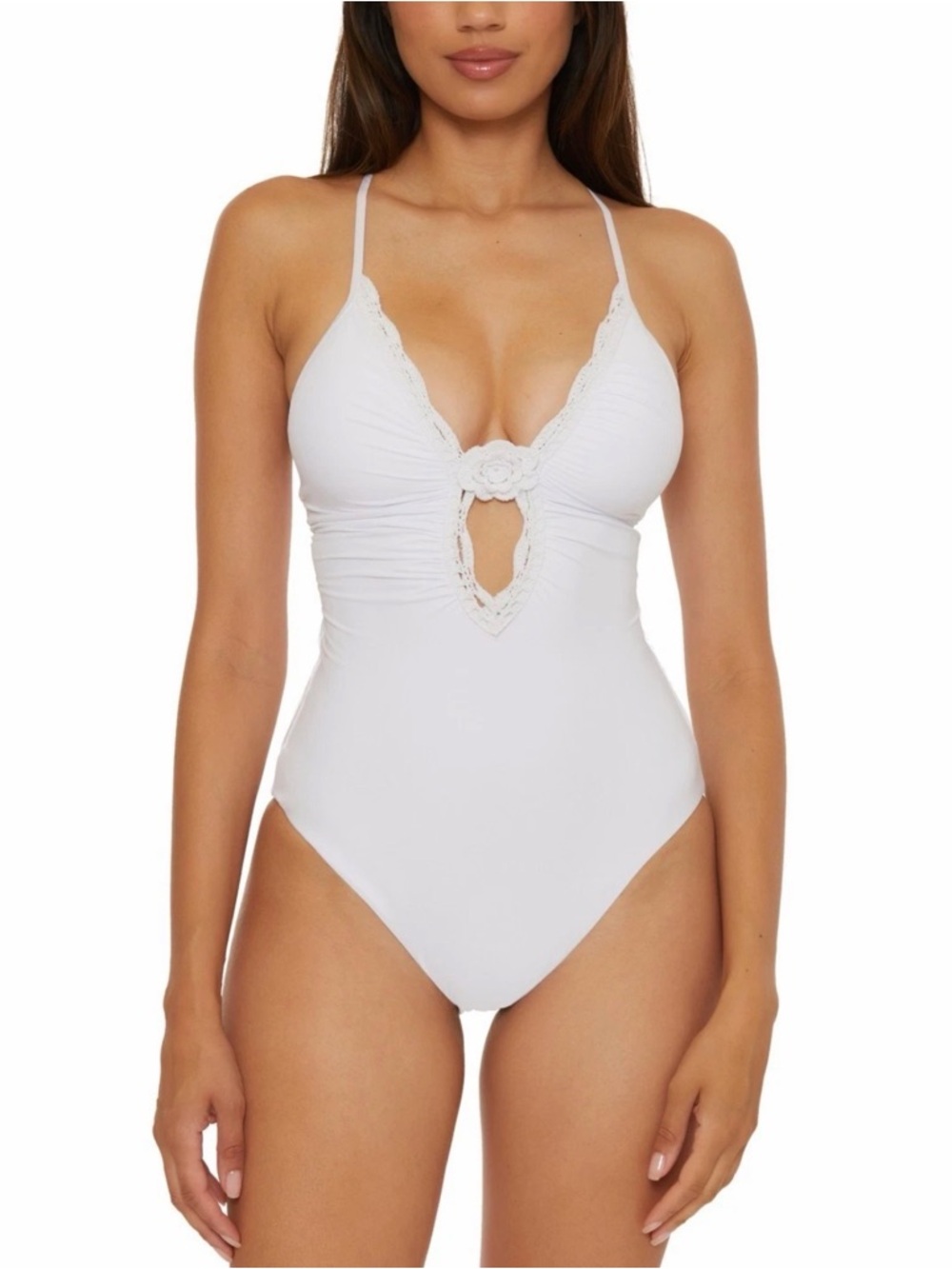 BECCA White Floral Keyhole One-Piece Swimsuit Perfect for Honeymoon, Vacay